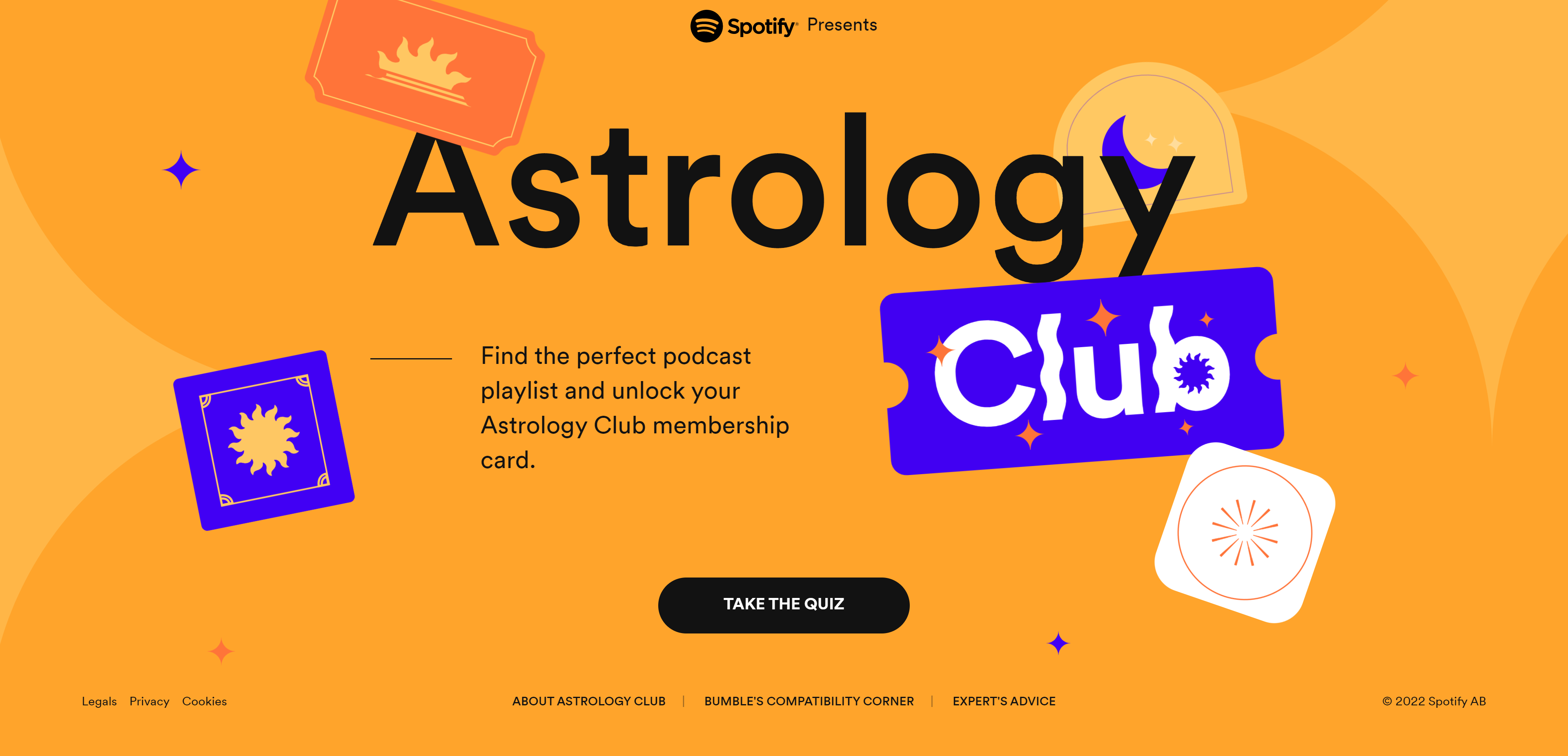 An image of Spotify’s Astrology Club home page featuring colorful floating stickers, bold text, and body text on an orange background.