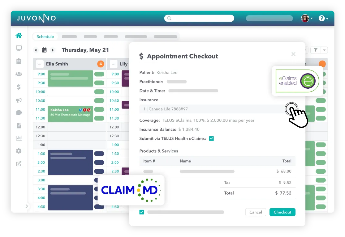 Submitting a direct insurance claim right from Juvonno's clinic schedule.