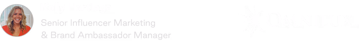Headshot of smiling blonde woman in a red top next to text stating her name as Kelly Hartlage, Senior Influencer Marketing & Brand Ambassador Manager, with the Omnilux logo on the right.