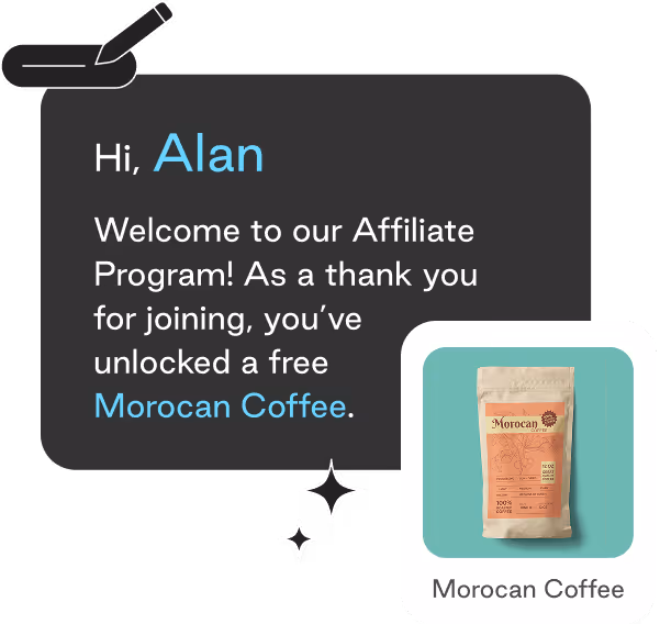 Welcome message for Alan in an affiliate program offering a free package of Moroccan Coffee.