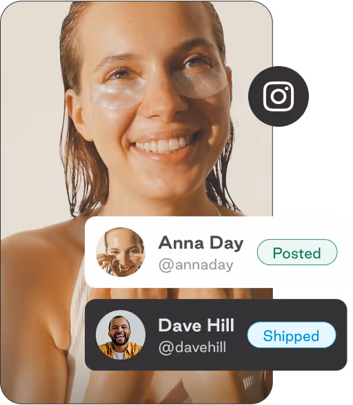 Smiling woman with under-eye patches, overlaid with Instagram-style user comments showing 'Anna Day Posted' and 'Dave Hill Shipped'.