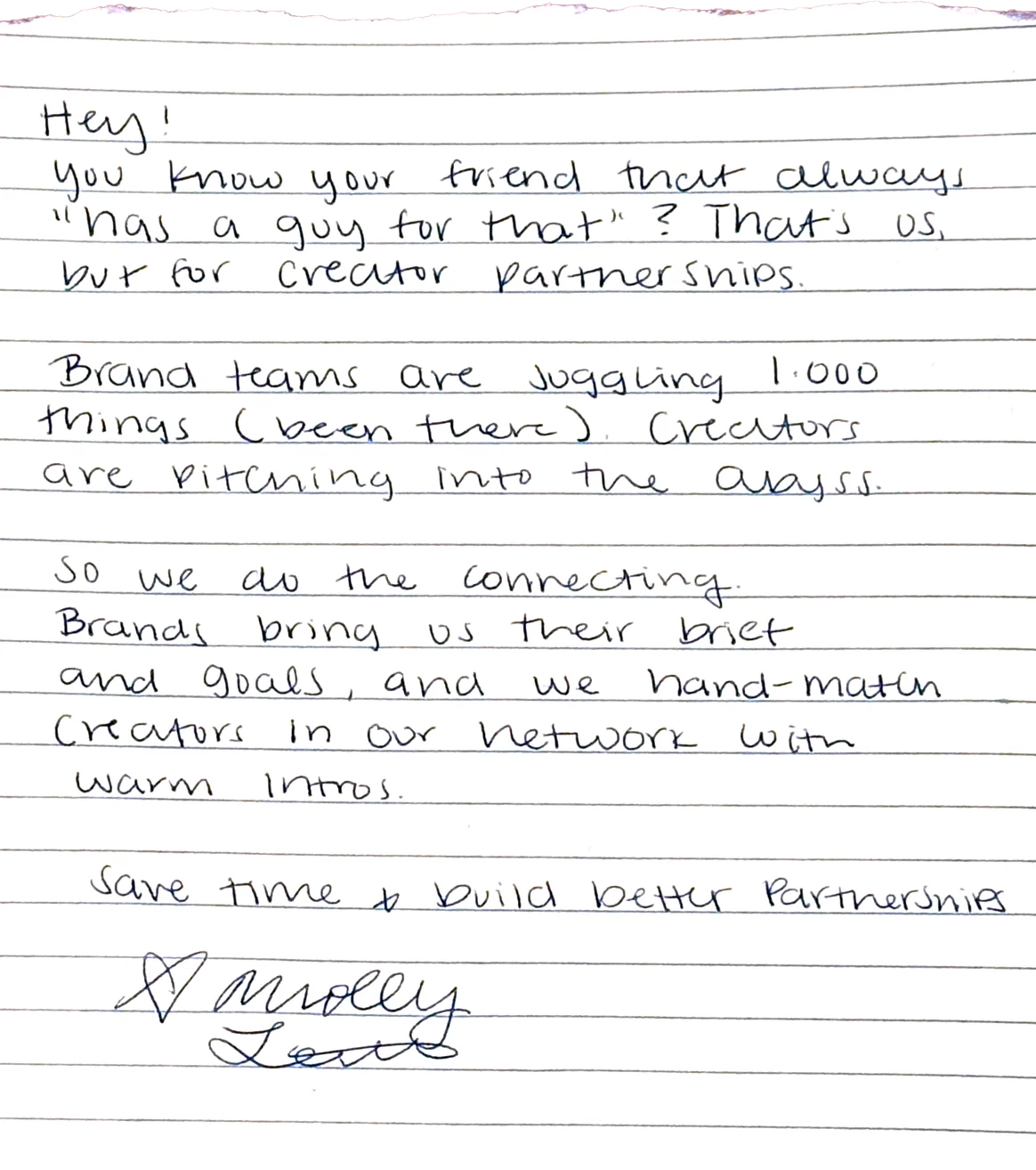 Handwritten note: Hey! You know your friend that always “has a guy for that”? That’s us, but for creator partnerships. Brand teams are juggling 1,000 things (been there). Creators are pitching into the abyss. So we do the connecting. Brands bring us their brief and goals, and we hand-match creators in our network with warm intros. Save time & build better partnerships. Love, Molly