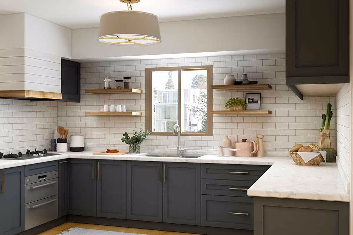 Kitchen with open shelving and brass fixtures