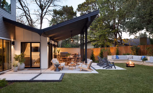Modern back yard with firepit
