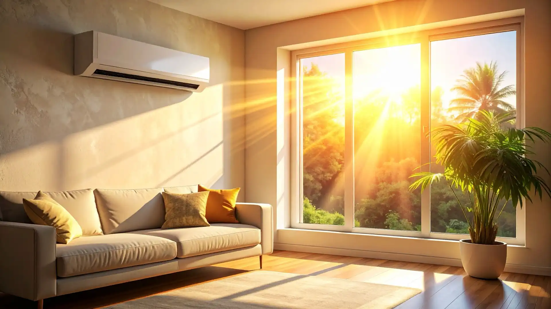 a living room with bright sunlight shining in the window onto the sofa