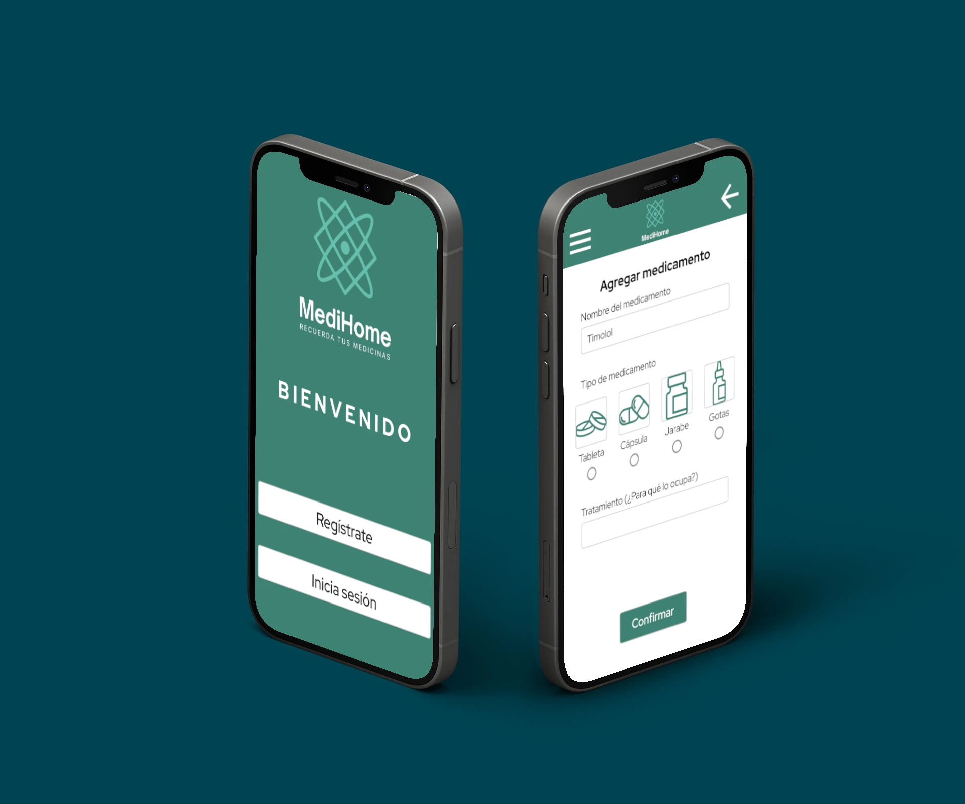 Aplicación de MediHome aplicada en teléfonos móviles.