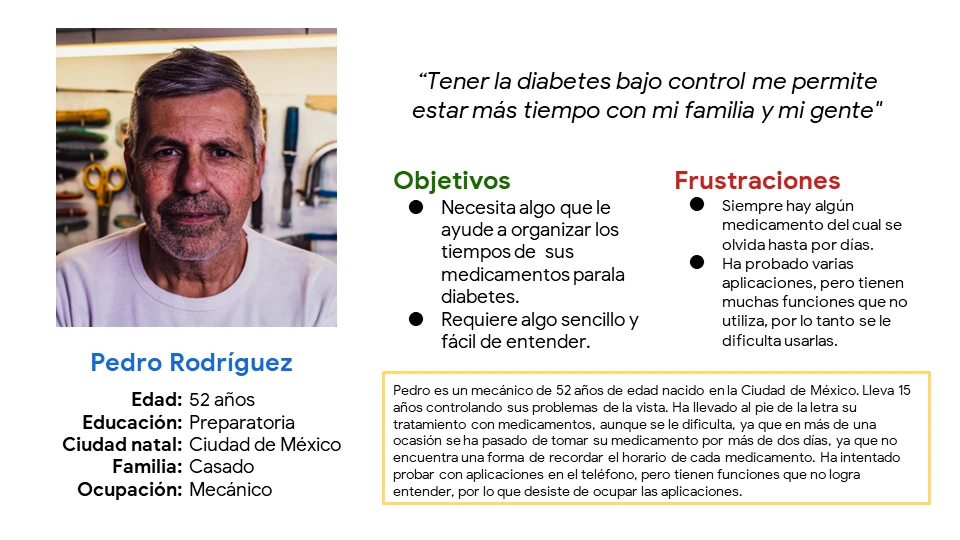 Diapositiva con el planteamiento del problema del usuario Pedro Rodríguez.