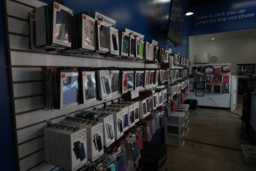 A wall in the Oklahoma City WSA location showing a variety of device accessories on the wall