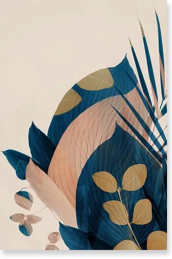 Abstract artwork featuring layered leaves in blue, gold, and pink hues against a light background, with delicate stems and overlapping patterns.