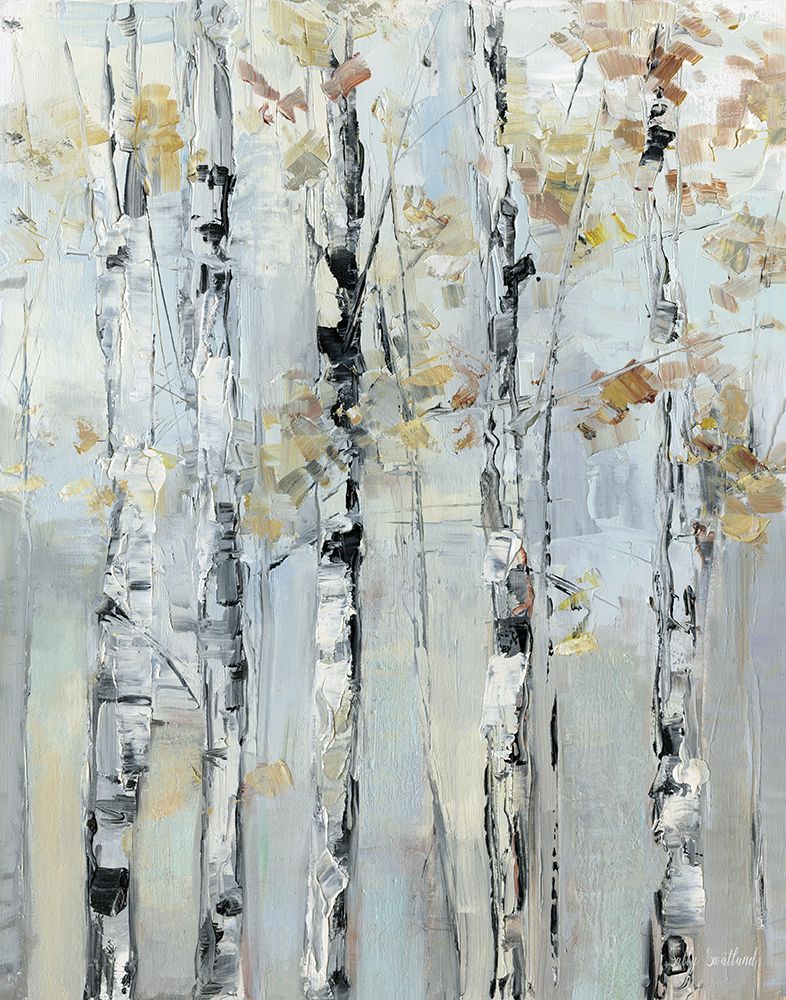 Abstract painting of white birch trees with yellow and orange leaves, set against a soft pastel background with textured strokes.