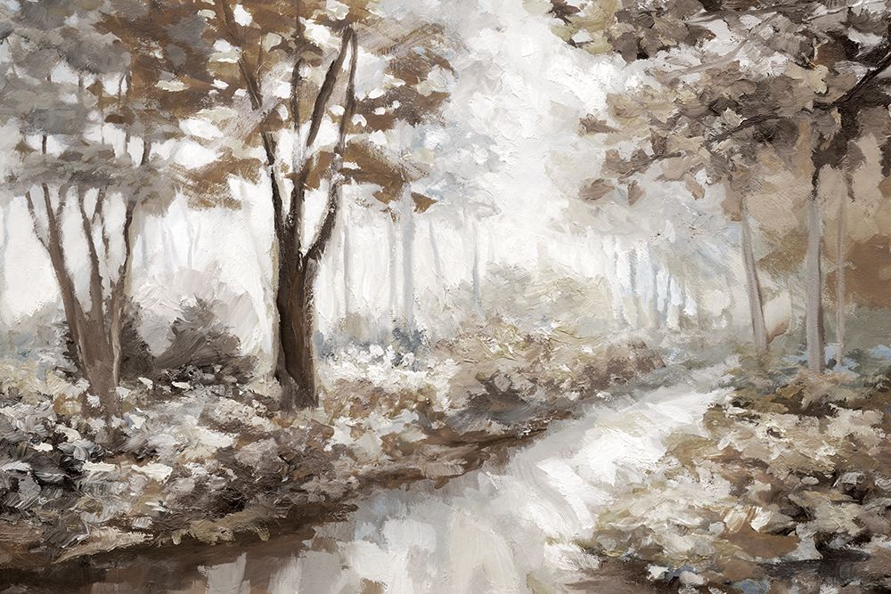 A serene painting depicting a stream flowing through a lush green forest, surrounded by trees and dappled sunlight.