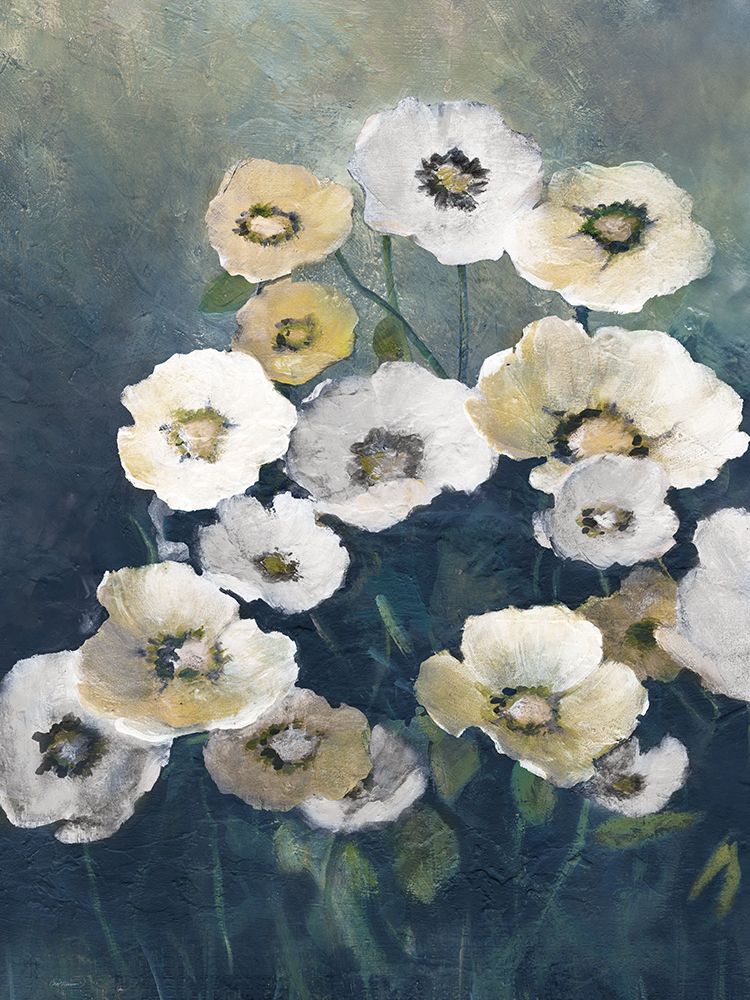 Abstract painting of white and yellow flowers with dark centers, set against a textured blue-green background, showcasing bold brushstrokes.