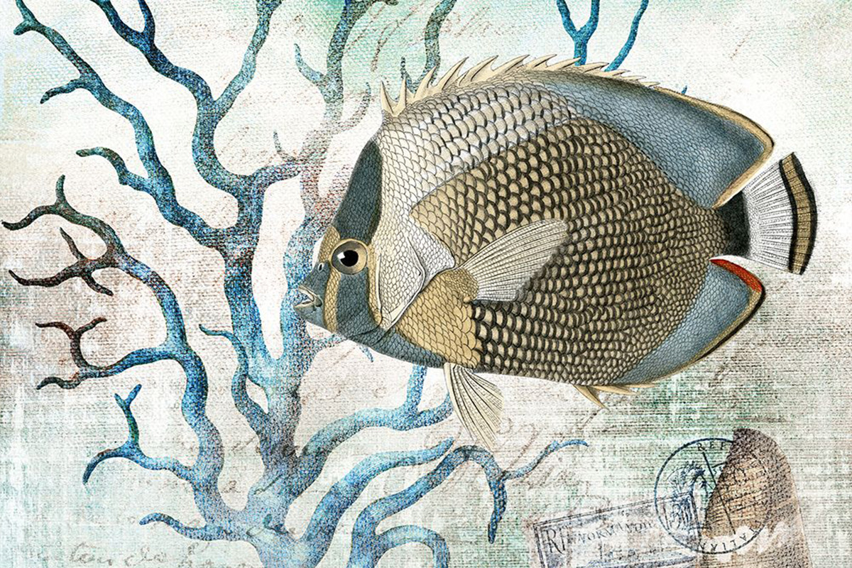 A vibrant painting of a fish and coral set against a serene blue background.