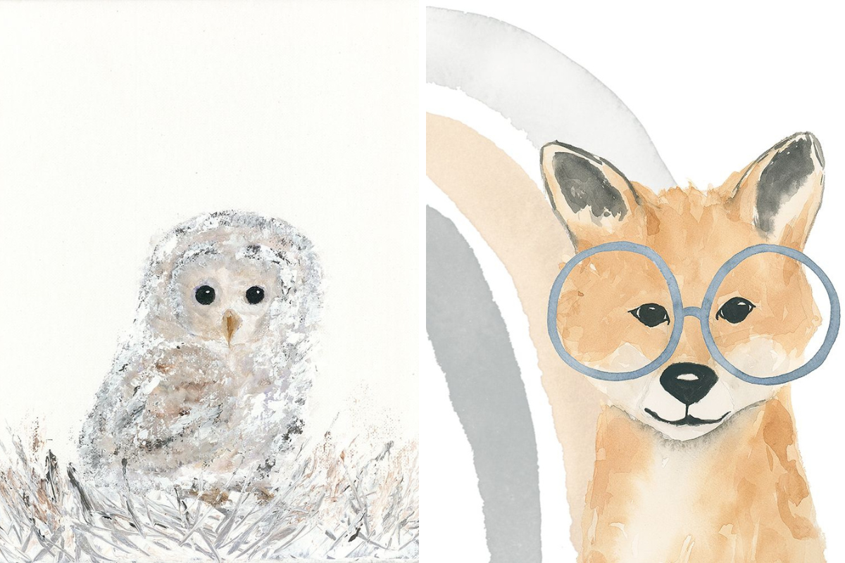 Two paintings depicting a fox and an owl, showcasing their vibrant colors and unique artistic styles.