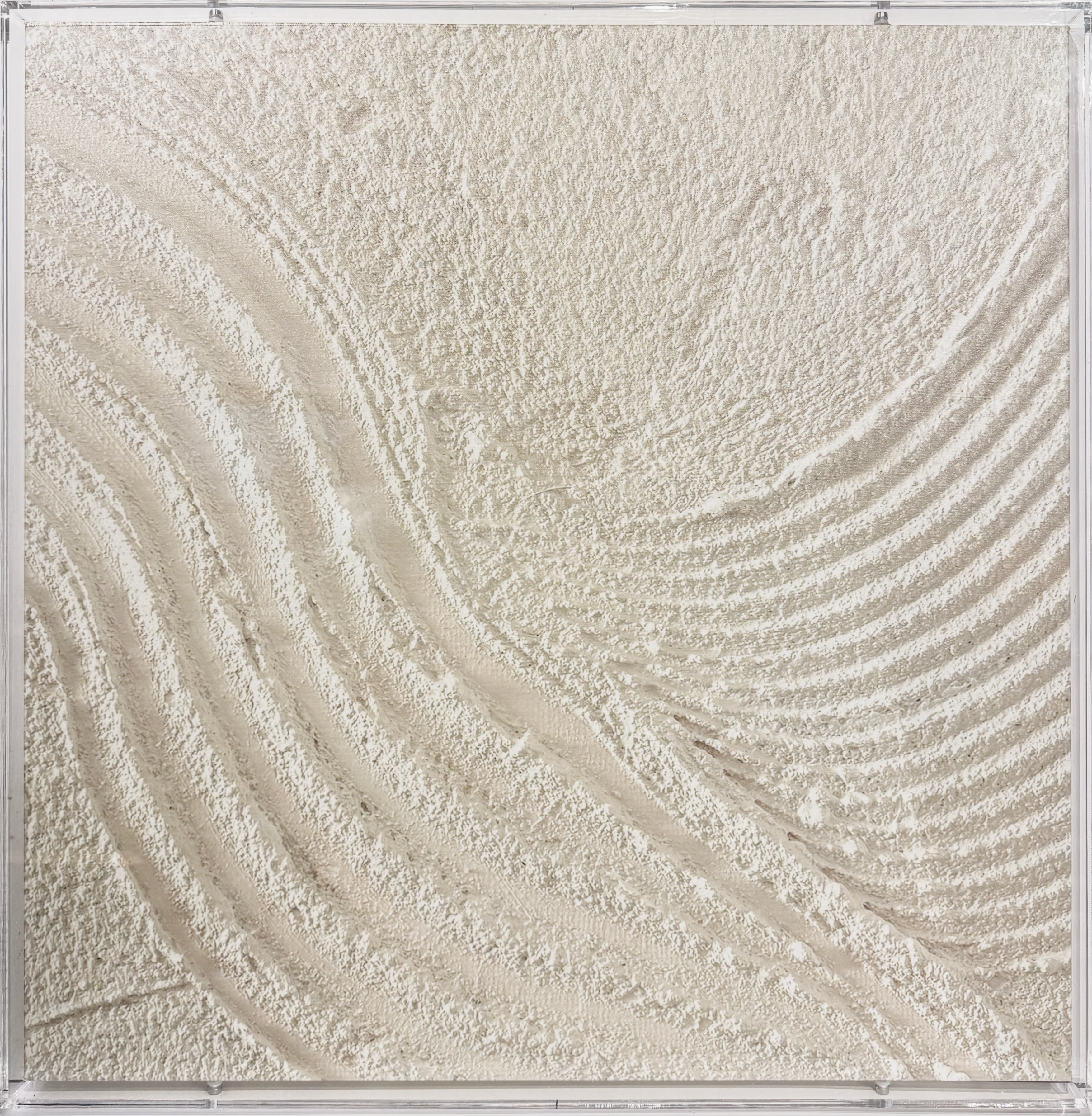 Encased within a clear acrylic shadow box, this piece appears suspended, enhancing the dimensional effect and providing a sleek, gallery-quality presentation. The transparent enclosure protects the artwork while allowing uninterrupted viewing from edge to edge, making it an elegant statement piece for any home.