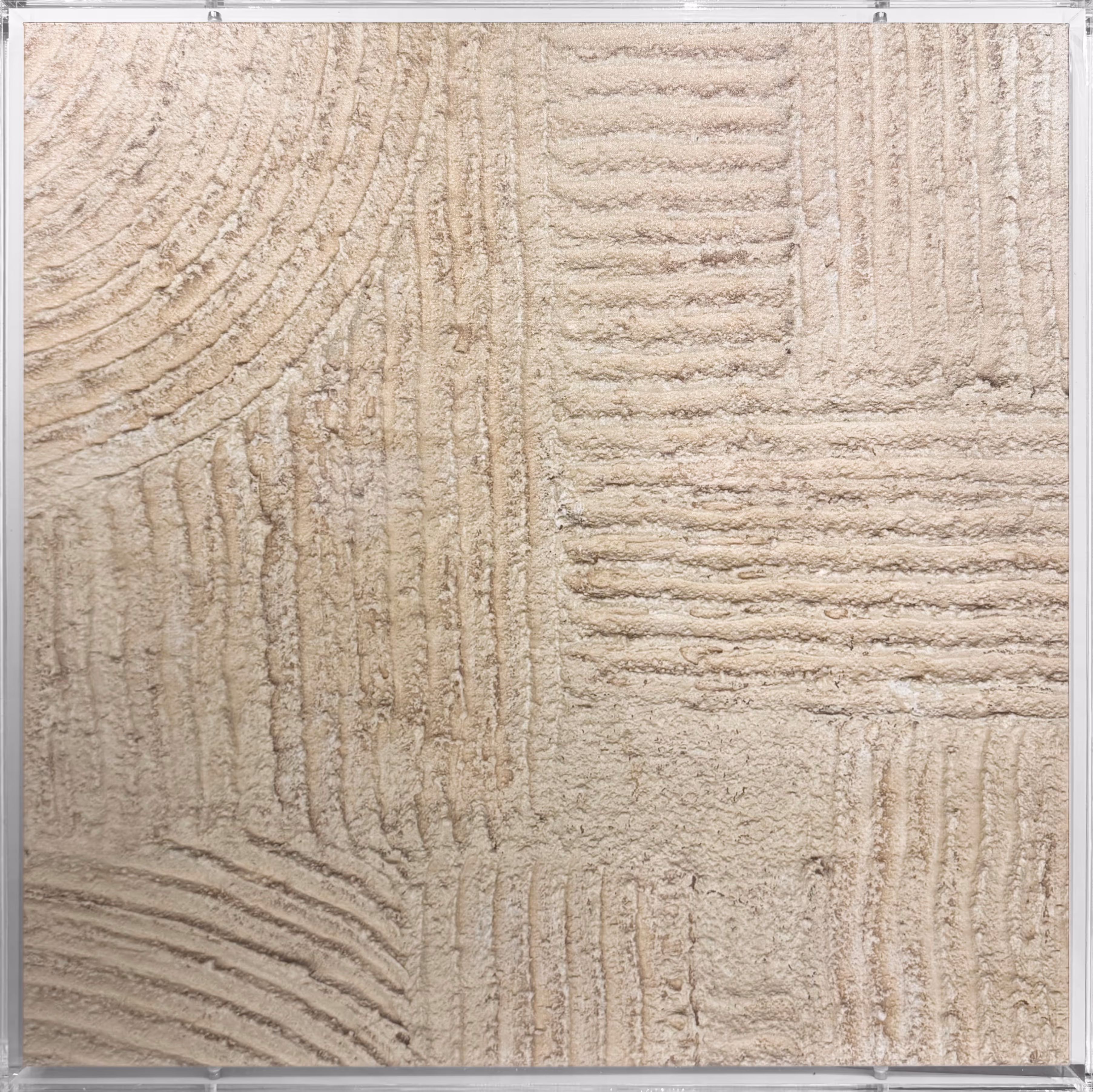 Layered textures form a structured, tactile pattern that introduces warmth and subtle dimension to modern interiors. Printed on premium canvas and presented within a clear acrylic shadowbox, the piece delivers a clean, architectural presence that complements neutral palettes and natural materials.