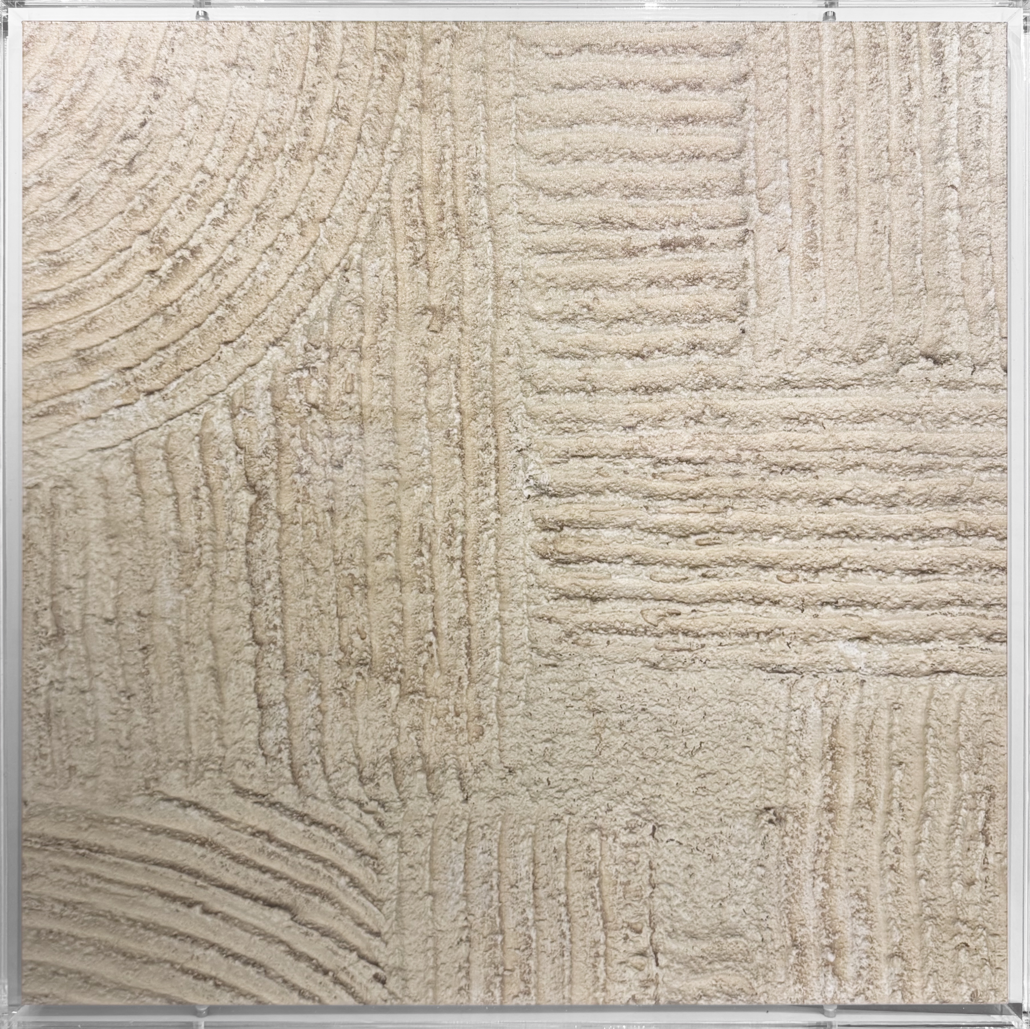 Layered textures form a structured, tactile pattern that introduces warmth and subtle dimension to modern interiors. Printed on premium canvas and presented within a clear acrylic shadowbox, the piece delivers a clean, architectural presence that complements neutral palettes and natural materials.