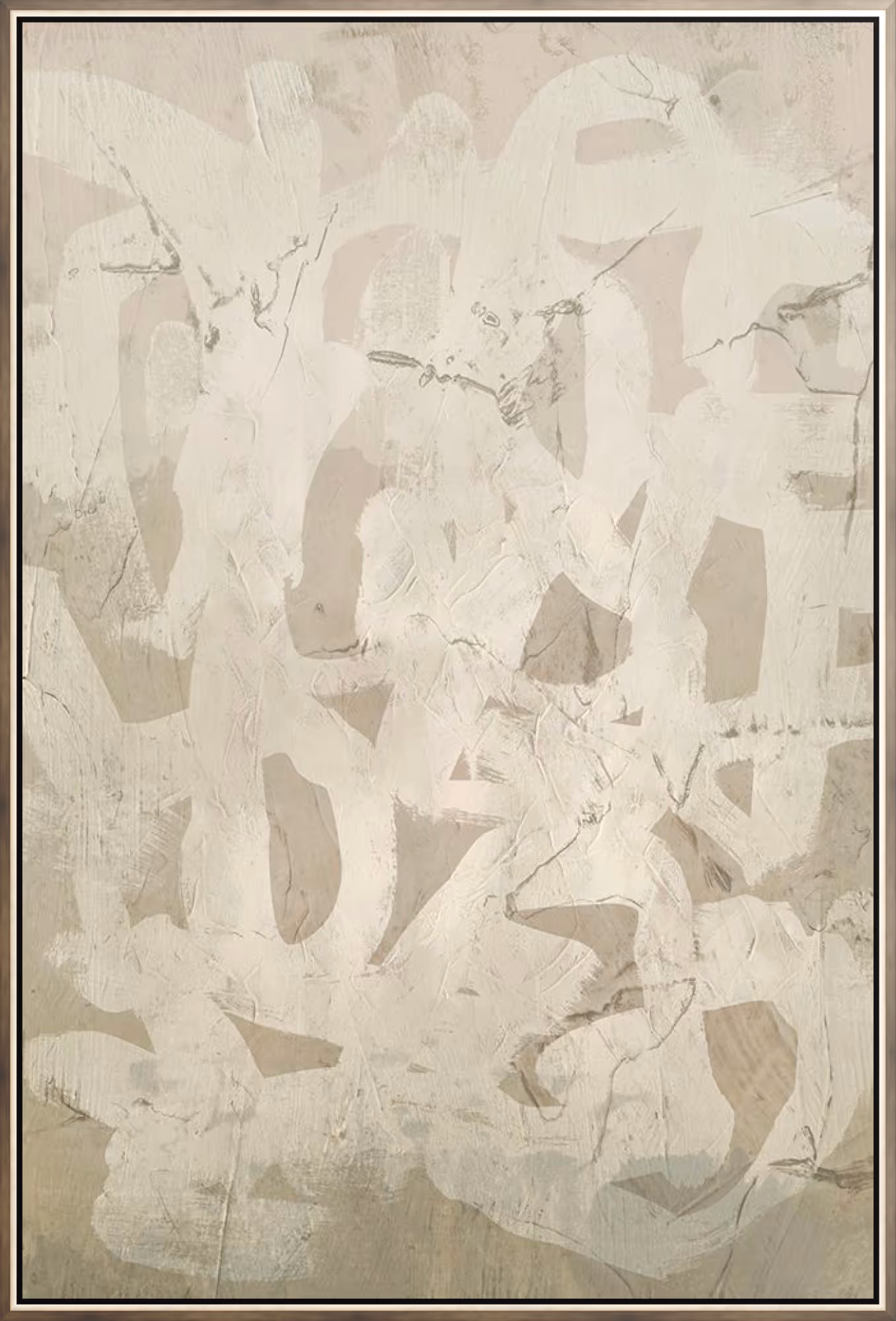 Soft layers of warm ivory, sand, and pale taupe create an abstract arrangement of sweeping brush forms and muted geometric shapes, producing gentle contrast without visual heaviness. The framed presentation enhances the vertical composition, offering a refined neutral statement suited to modern, warm-toned interiors.