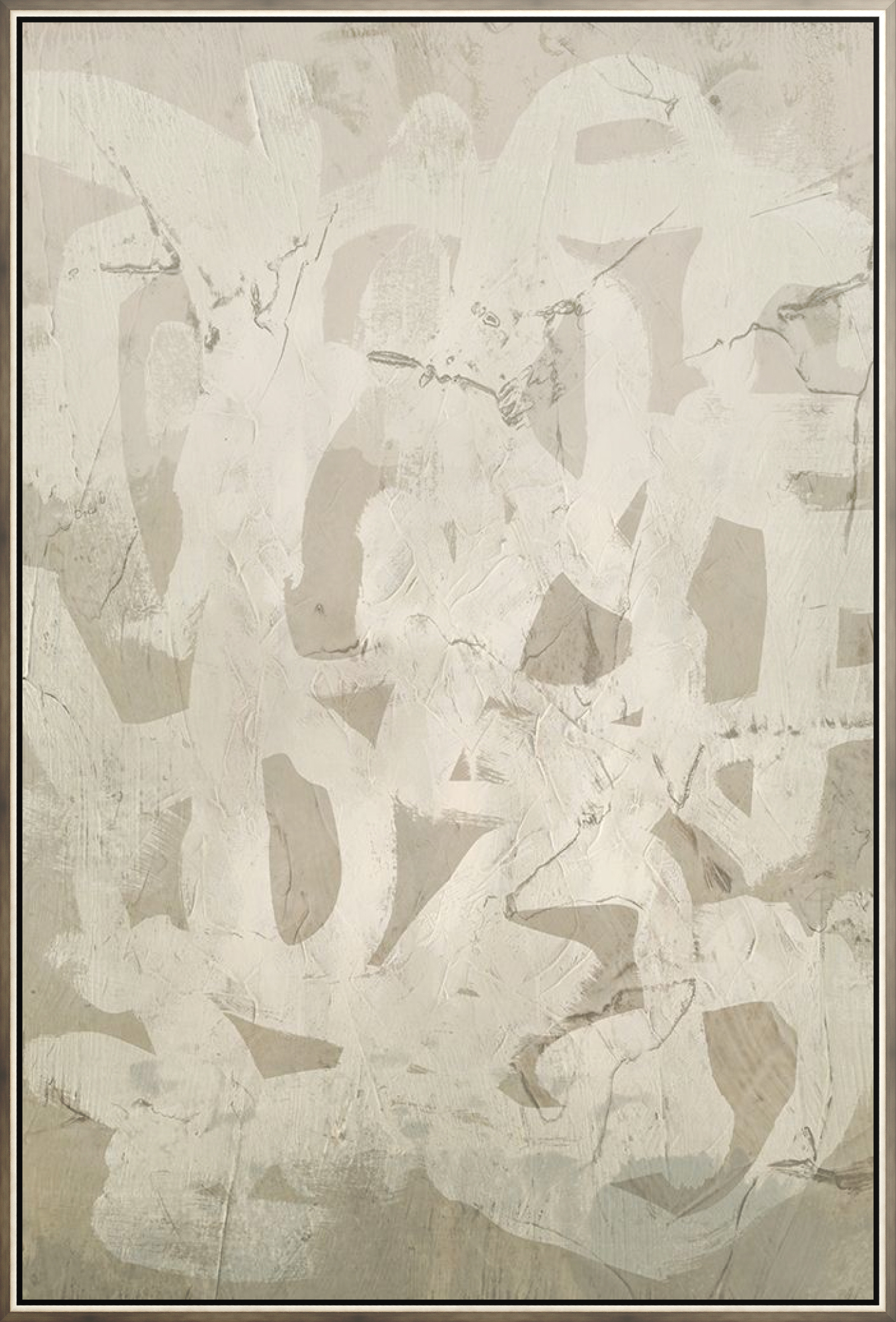 Soft layers of warm ivory, sand, and pale taupe create an abstract arrangement of sweeping brush forms and muted geometric shapes, producing gentle contrast without visual heaviness. The framed presentation enhances the vertical composition, offering a refined neutral statement suited to modern, warm-toned interiors.