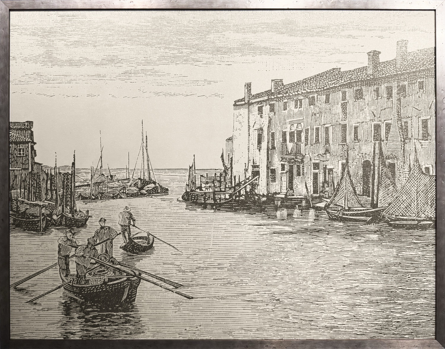 Fine linework in warm sepia tones depicts a historic canal scene, where gondoliers and docked boats create depth and gentle movement across the water’s surface. The detailed architectural facades and calm horizon give the framed piece a timeless European character that complements both traditional and transitional interiors.