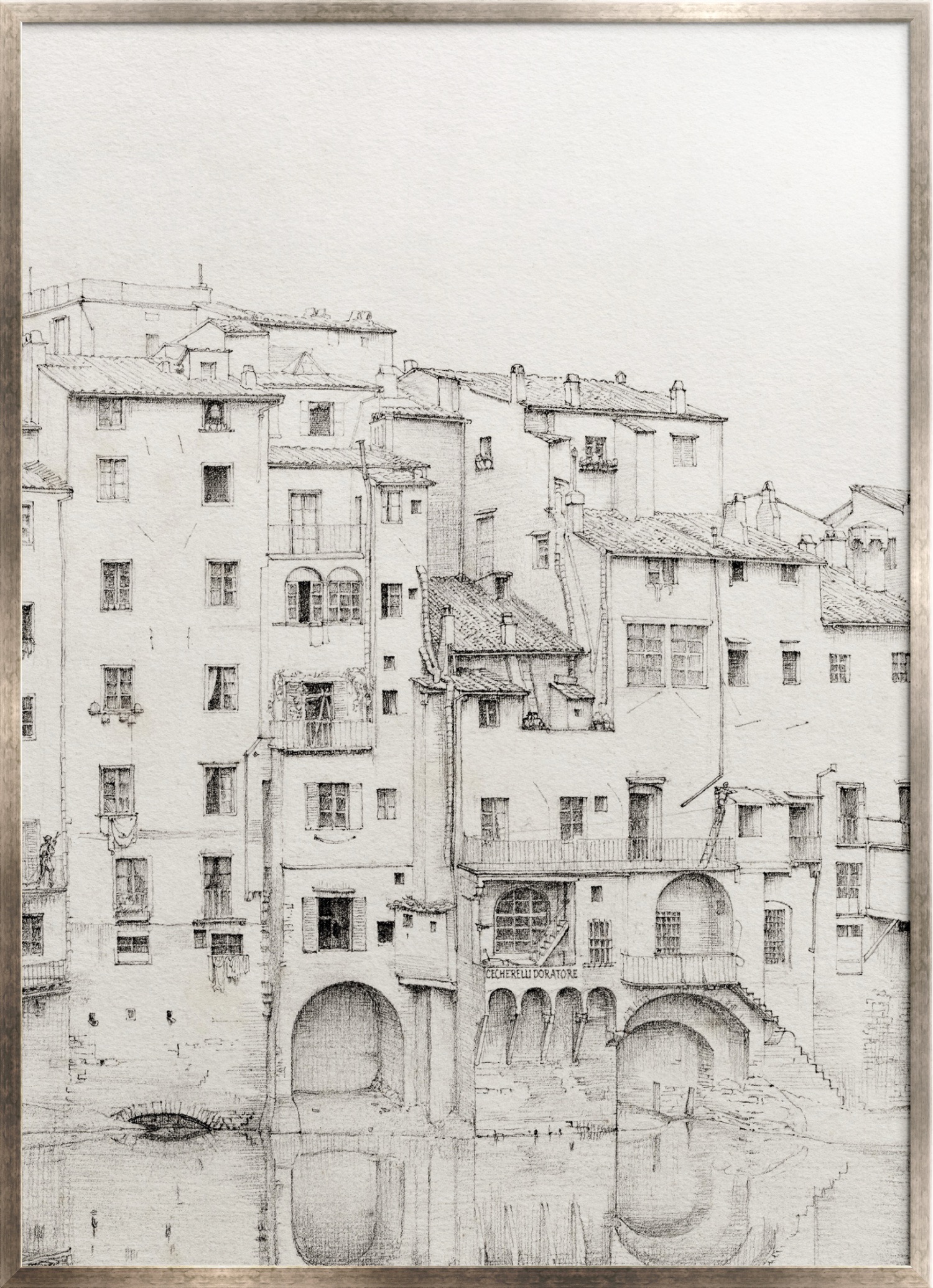 Fine linework in warm sepia tones depicts a historic canal scene, where gondoliers and docked boats create depth and gentle movement across the water’s surface. The detailed architectural facades and calm horizon give the framed piece a timeless European character that complements both traditional and transitional interiors.