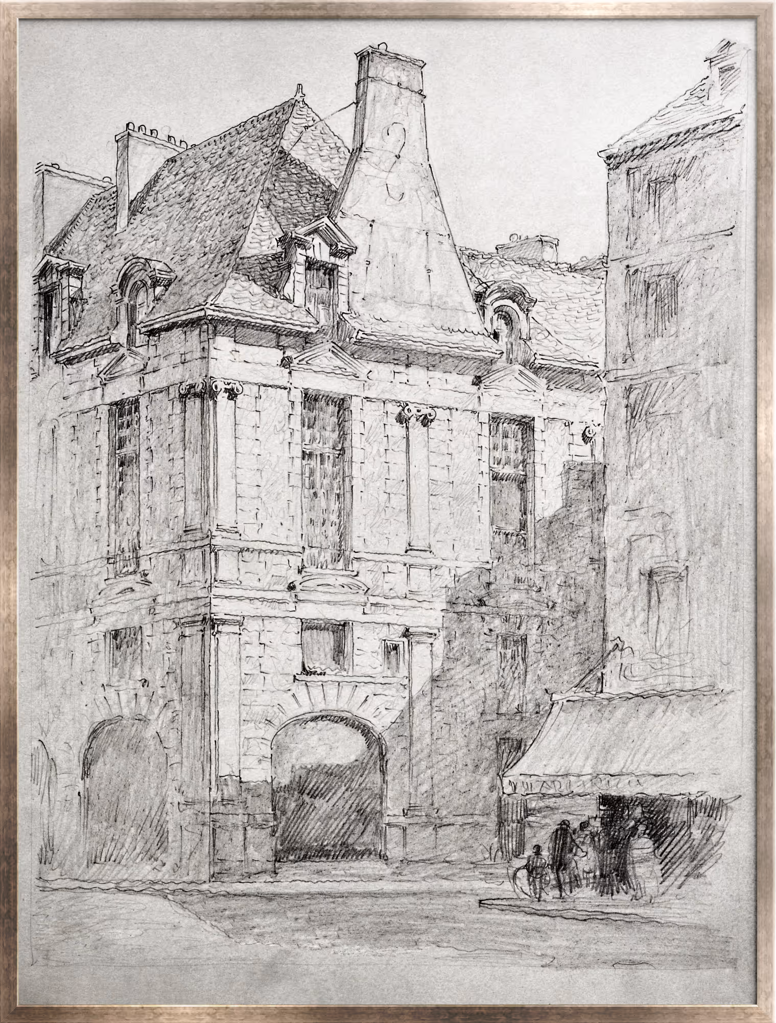 Loose graphite sketch lines define a historic European streetscape, where steep rooflines, arched passageways, and soft shadowing create depth without visual heaviness. The restrained monochrome palette and open composition give the framed piece a classic, understated presence suited to both traditional and transitional interiors.