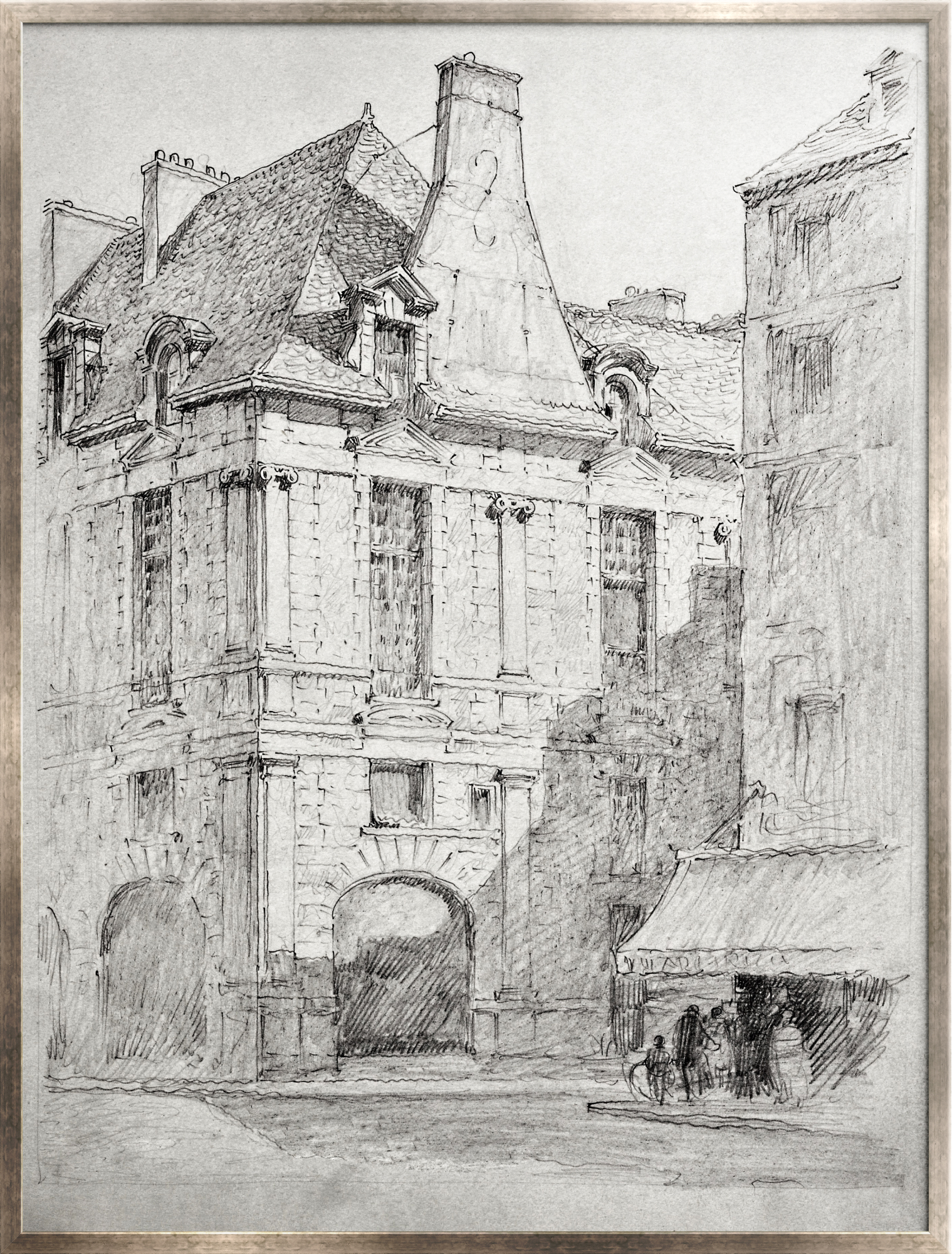 Loose graphite sketch lines define a historic European streetscape, where steep rooflines, arched passageways, and soft shadowing create depth without visual heaviness. The restrained monochrome palette and open composition give the framed piece a classic, understated presence suited to both traditional and transitional interiors.