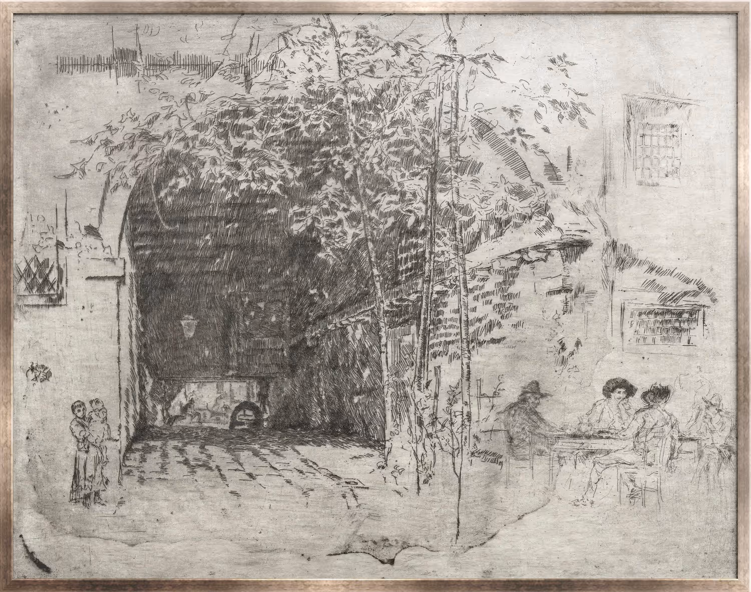 Expressive sketch lines and soft tonal shading depict a quiet European courtyard, where an arched passage, café seating, and overhanging greenery create depth and a sense of everyday life. The monochrome palette and loosely rendered figures give the framed piece a timeless, atmospheric character suited to refined interiors.