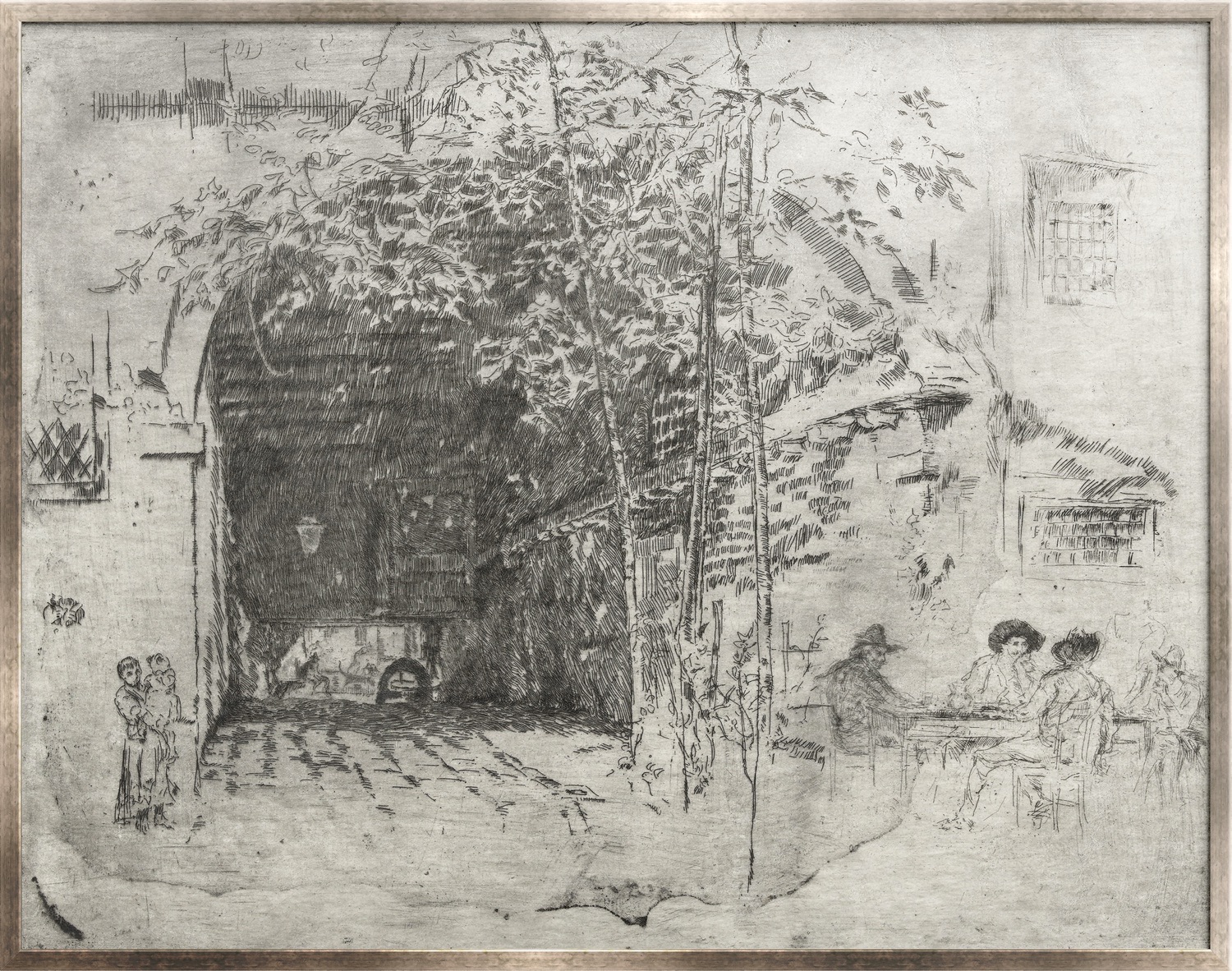 Expressive sketch lines and soft tonal shading depict a quiet European courtyard, where an arched passage, café seating, and overhanging greenery create depth and a sense of everyday life. The monochrome palette and loosely rendered figures give the framed piece a timeless, atmospheric character suited to refined interiors.