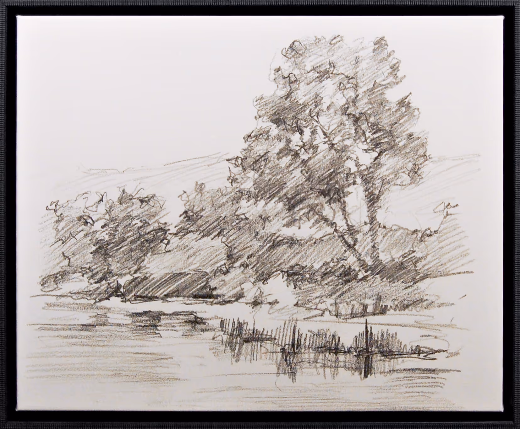 Loose graphite-style strokes outline a gentle riverside landscape, where a solitary tree, low hills, and reflective water create a sense of openness and calm. The minimal composition and monochrome palette give the framed piece a timeless, understated presence that complements both modern and traditional interiors.