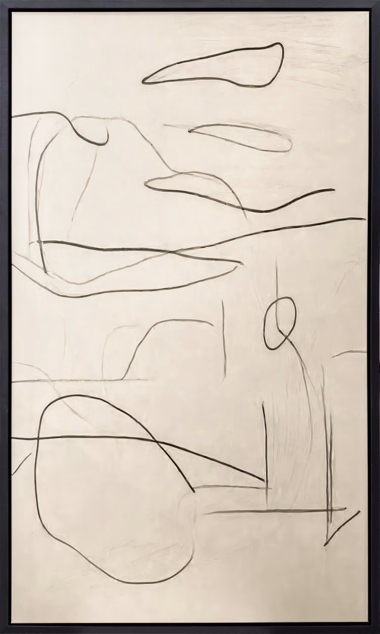 A bone-white field is traced with spare charcoal lines that drift, overlap, and pause, creating a quiet rhythm across the surface. The large-scale composition balances airy openness with deliberate marks, giving the framed piece a clean, architectural feel that sits naturally in modern interiors.