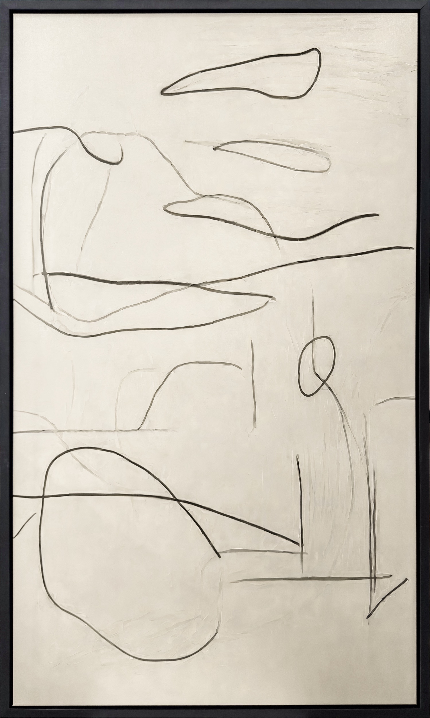 A bone-white field is traced with spare charcoal lines that drift, overlap, and pause, creating a quiet rhythm across the surface. The large-scale composition balances airy openness with deliberate marks, giving the framed piece a clean, architectural feel that sits naturally in modern interiors.