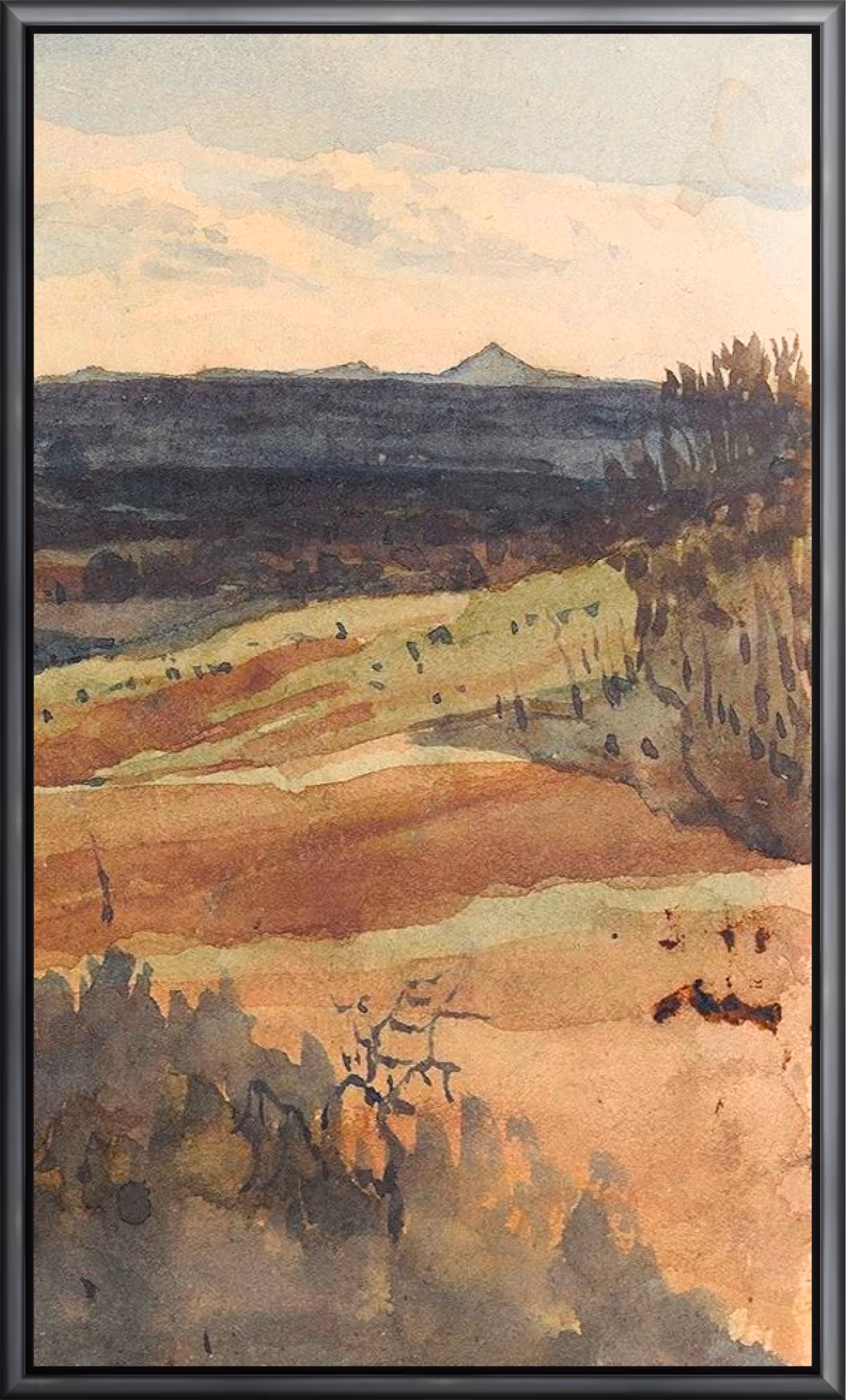 Warm rust, sunlit gold, and deep indigo roll across the hills in broad watercolor bands, with a distant peak anchoring the horizon. The winding lines and open space carry a sense of roaming and release, like following the land until it opens up and everything feels unhurried.