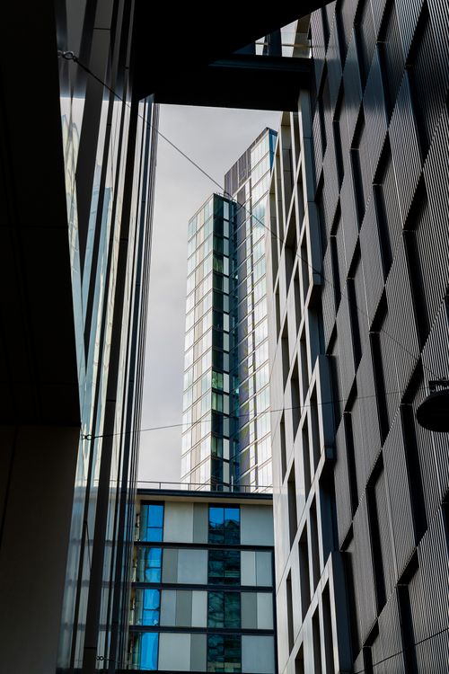 Low-angle view of glass and aluminum facade