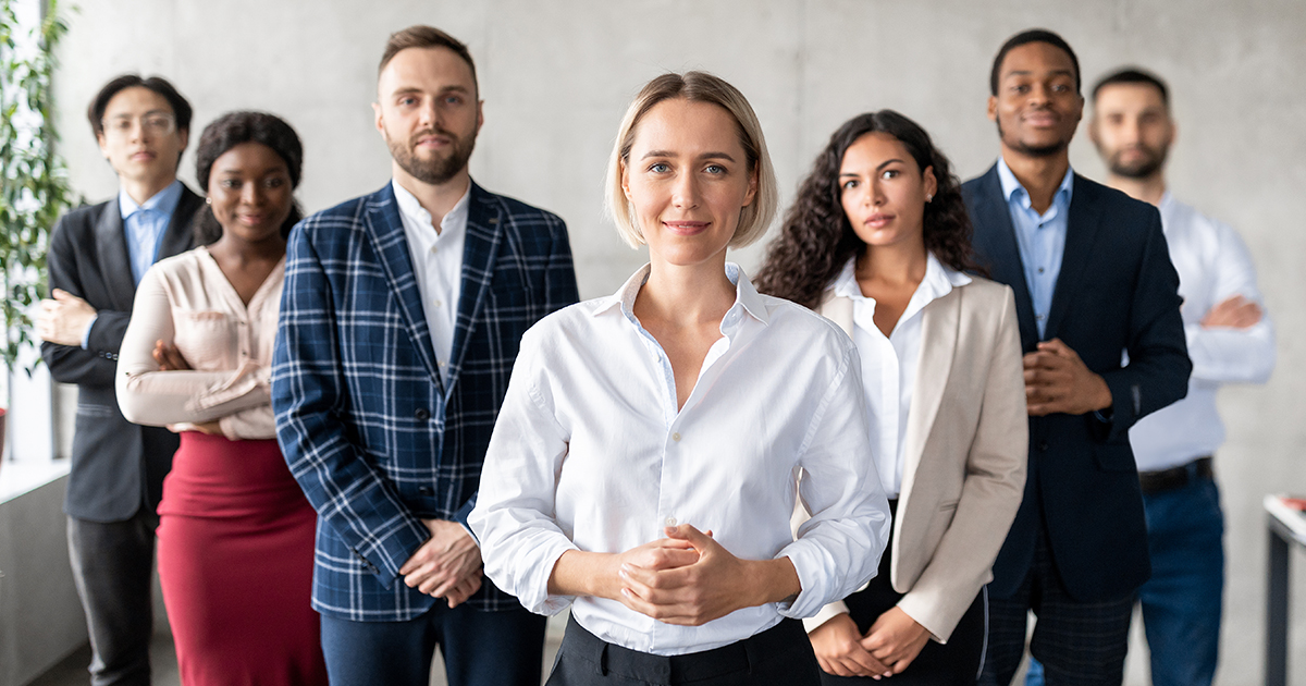 A group of professional leaders stand strong