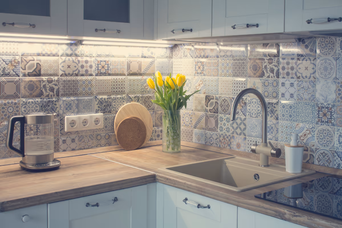 Cuisine équipée avec carrelage mural contemporain – Espace de cuisine mettant en valeur un carrelage décoratif au mur.