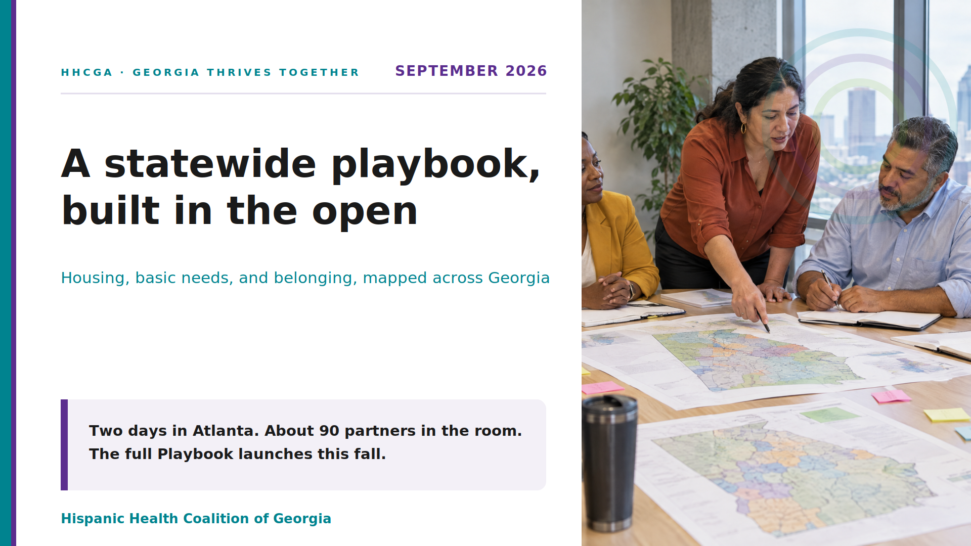 Community partners studying county maps of Georgia at the Georgia Thrives Together annual meeting in Atlanta, July 29 and 30, 2026