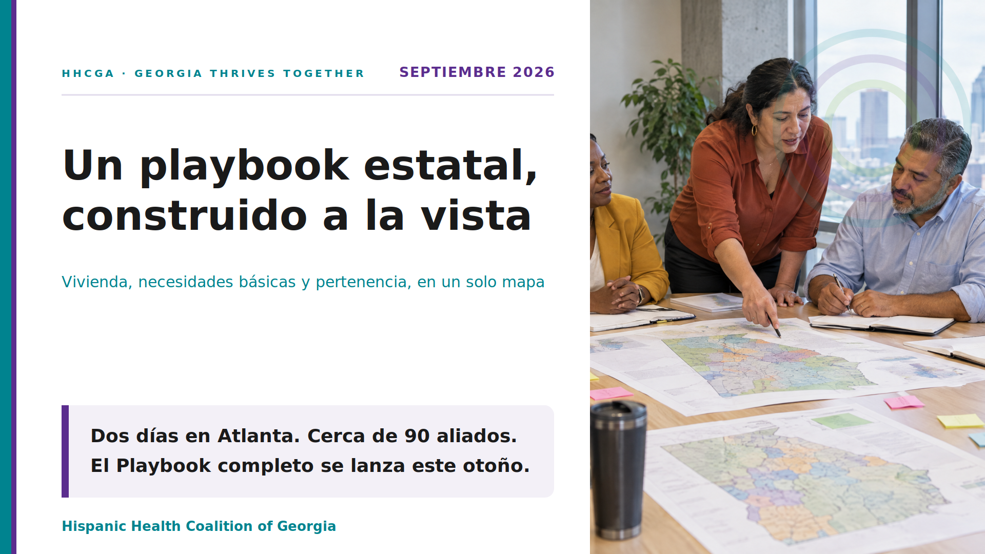 Aliados comunitarios revisando mapas de los condados de Georgia en la reunión anual de Georgia Thrives Together en Atlanta, 29 y 30 de julio de 2026