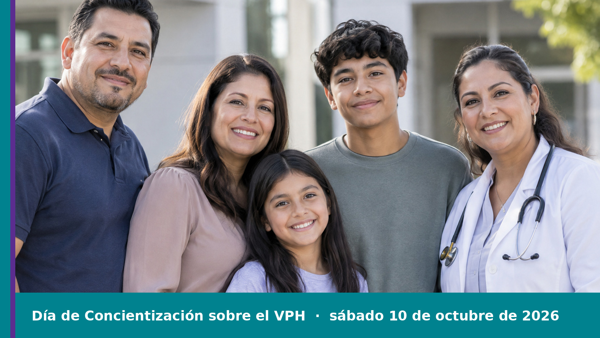 Una familia latina con dos hijos junto a una doctora latina con bata blanca afuera de un centro de salud.