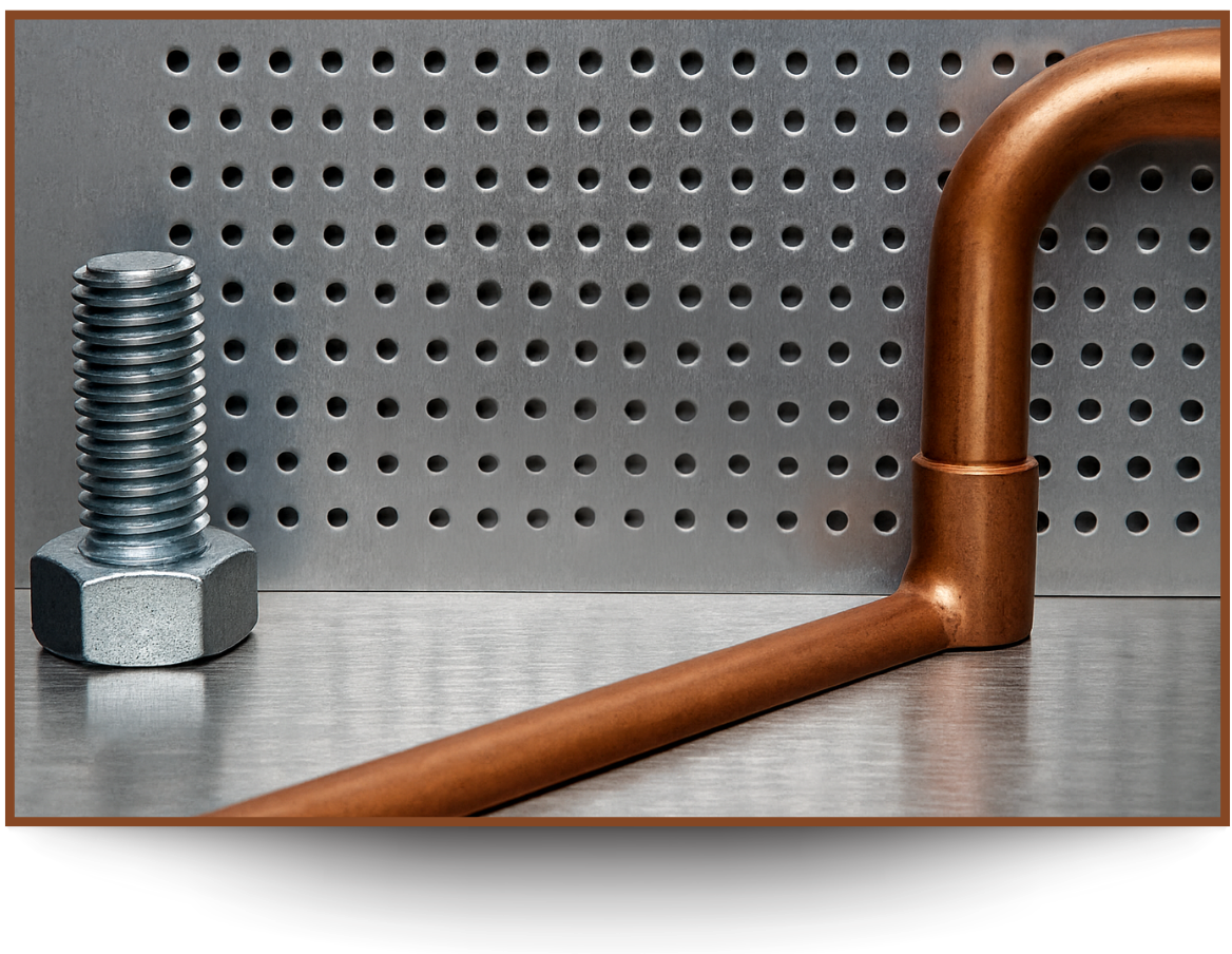 Superficie metálica con recubrimiento protector y tubo de cobre curvado