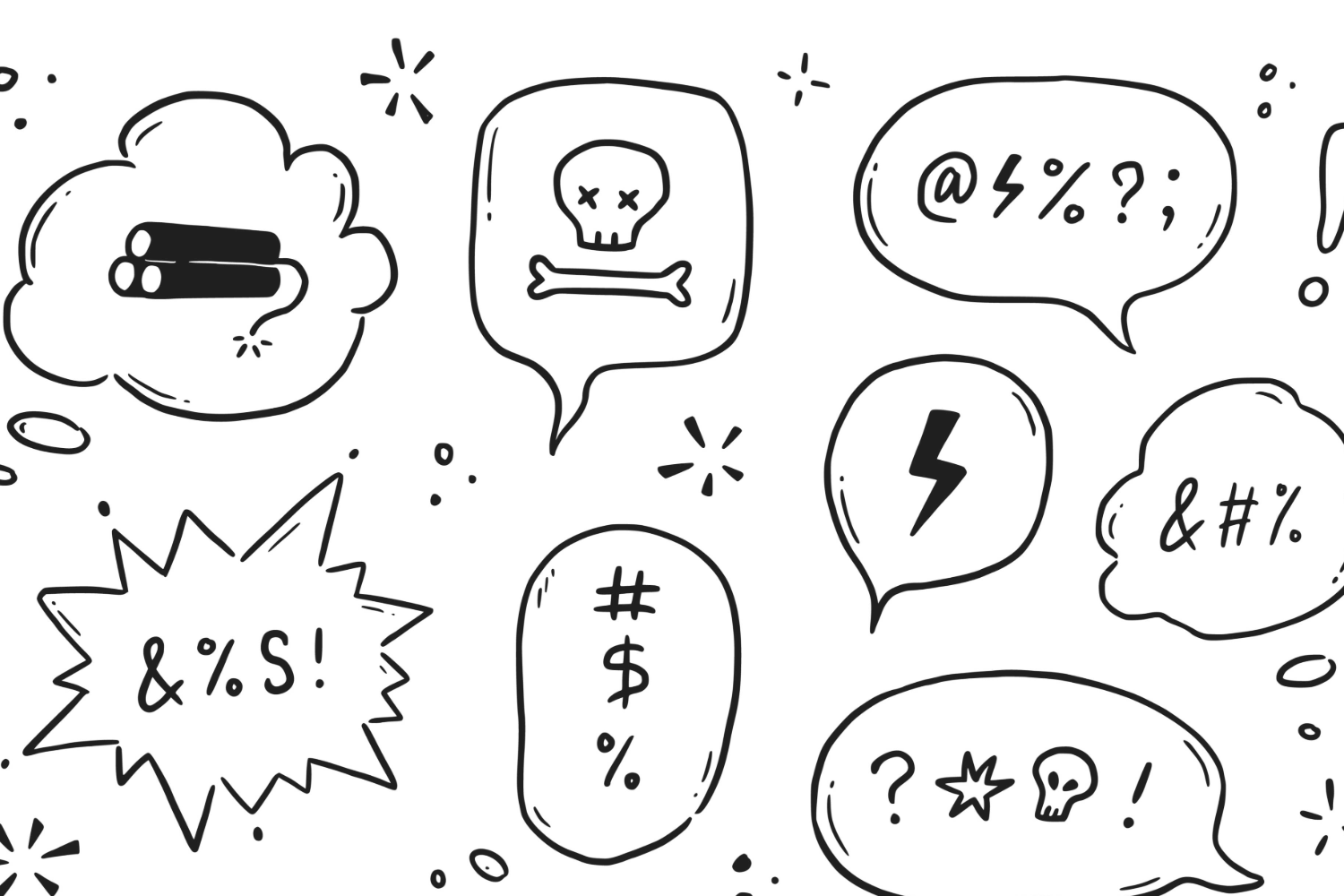 Hand-drawn speech bubbles with symbols for anger.