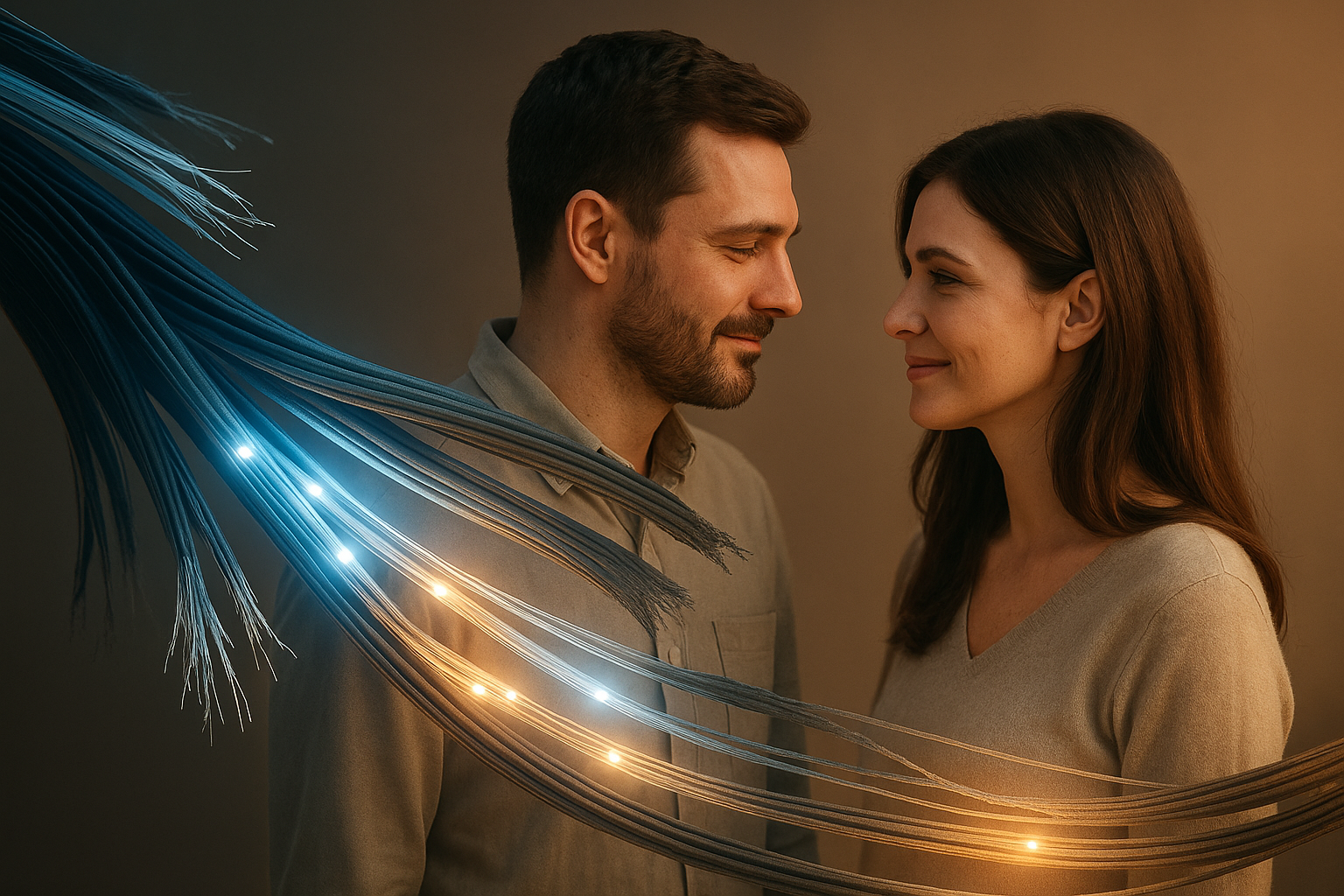 A couple smiling, connected by glowing wires.