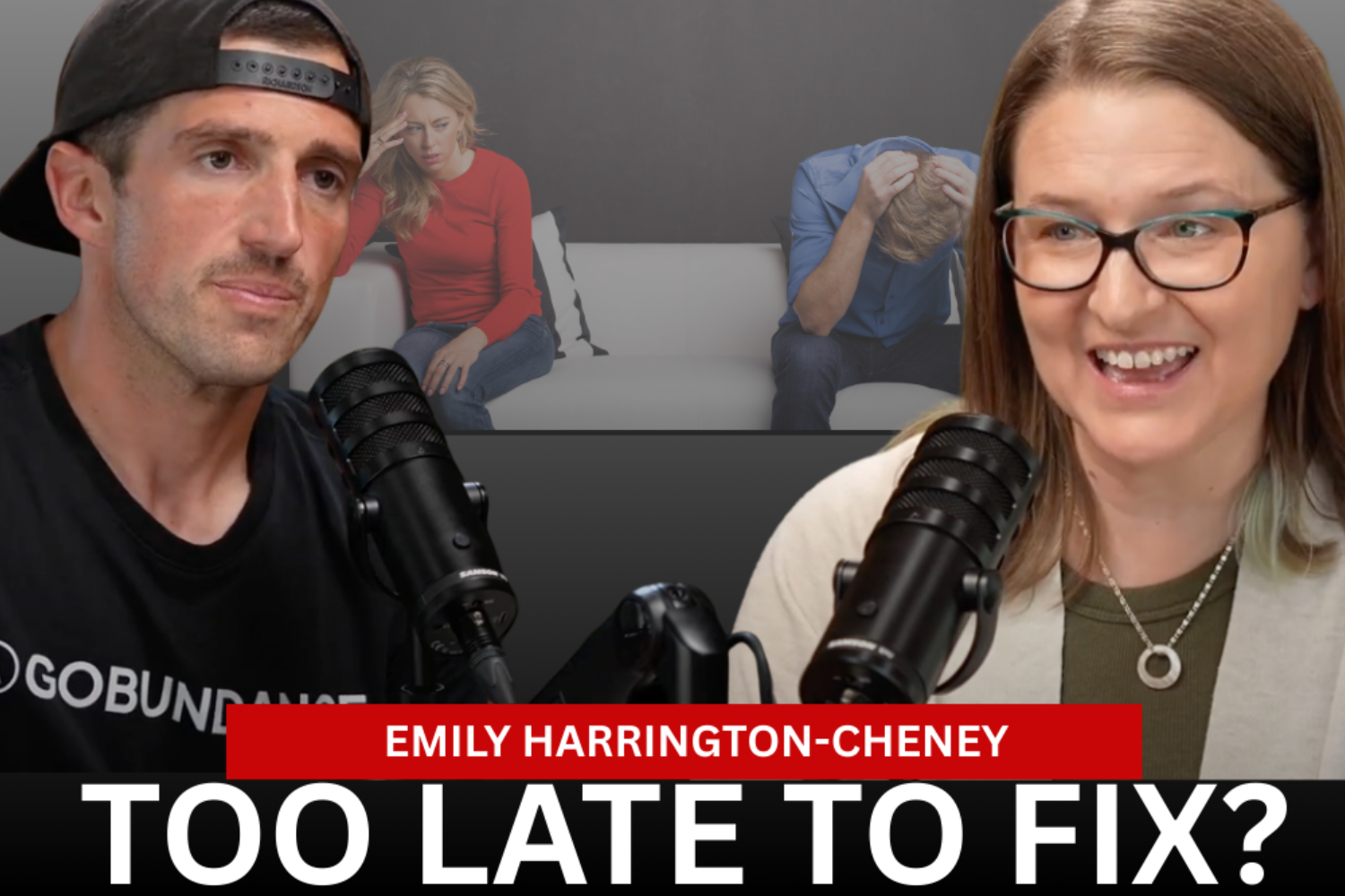 Podcast guests discussing relationship issues.