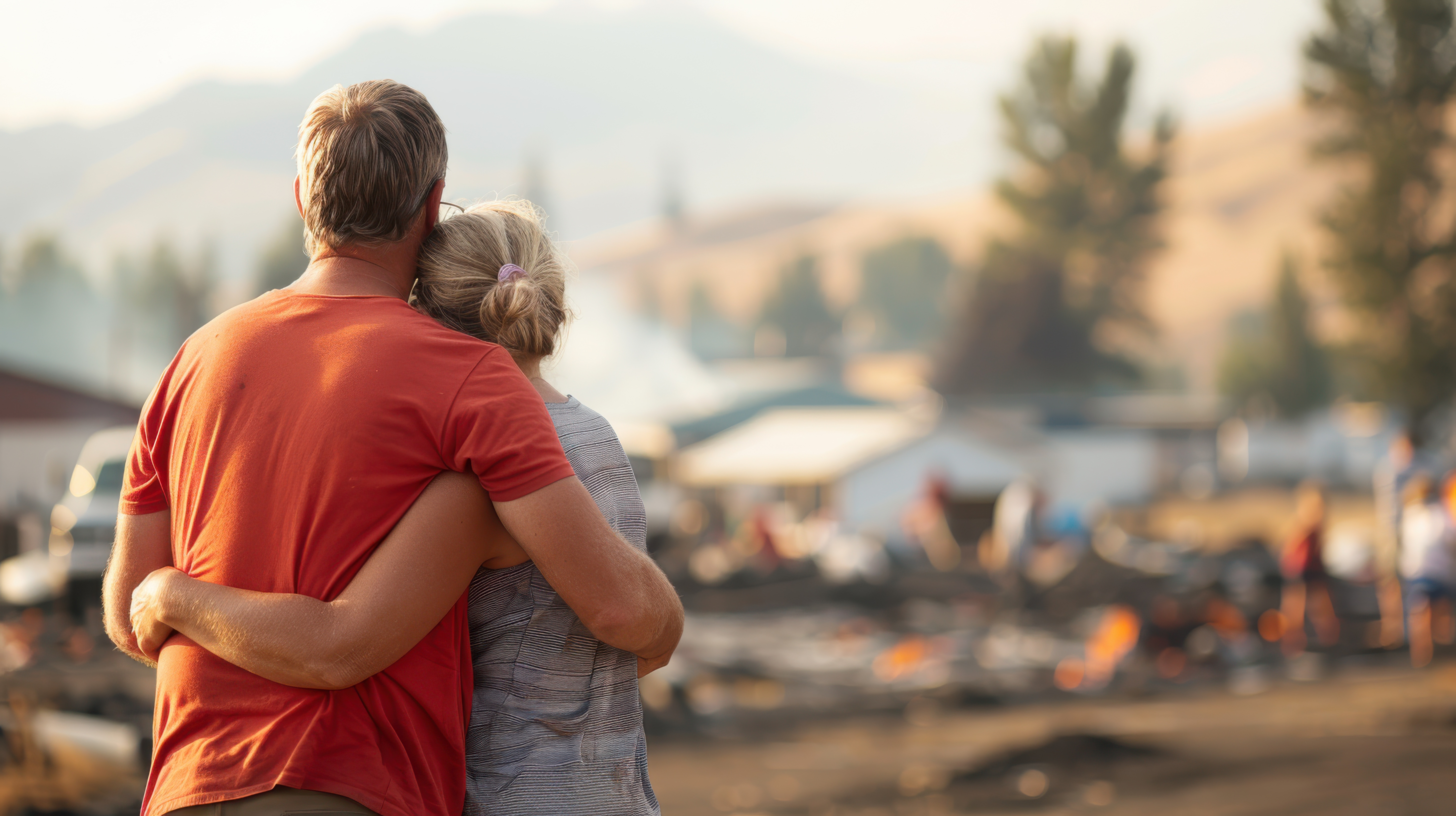 Couple embracing, overlooking Texas flood aftermath.
