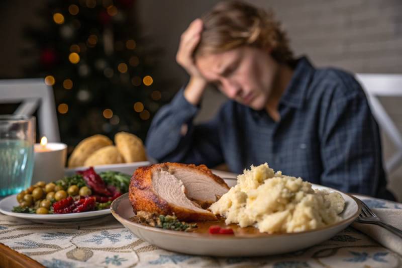 Distressed person with holiday meal.