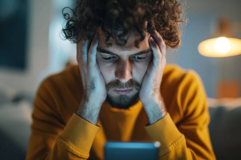 Man stressed, looking at phone.