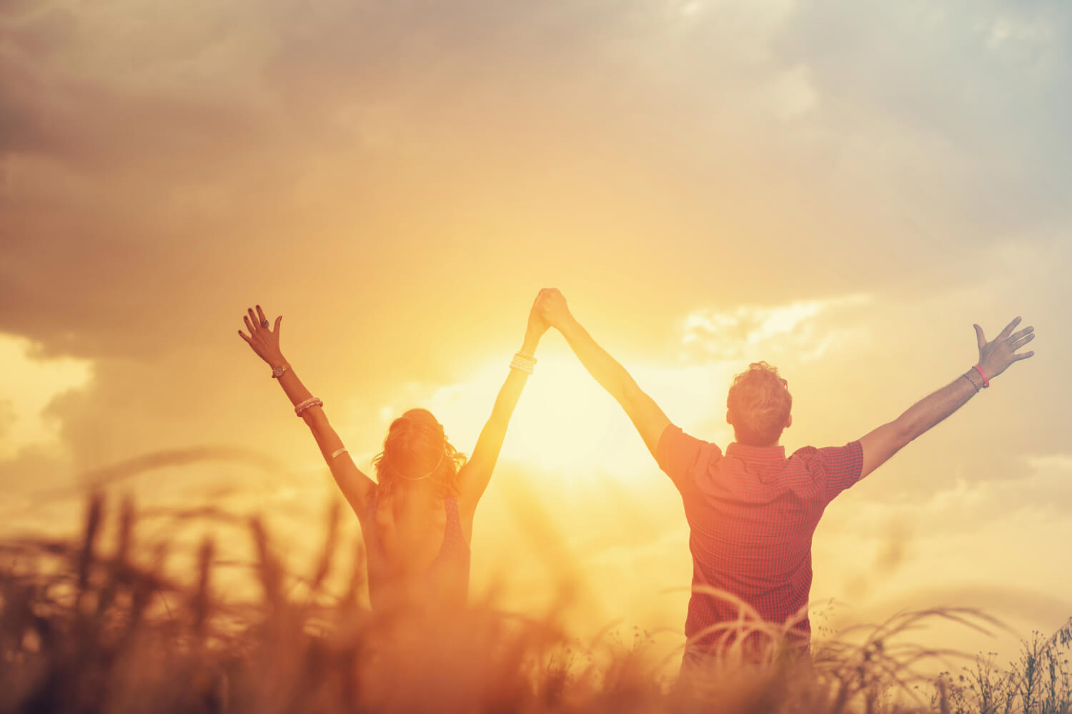 Couple embracing sunshine in field.
