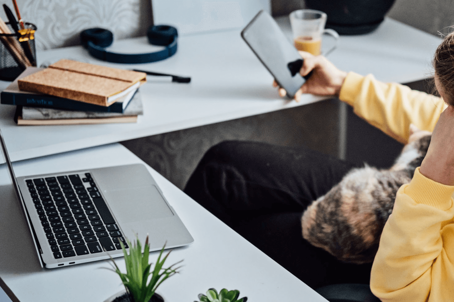 Person in yellow sweater with a phone, seated near laptop and books, petting a cat.