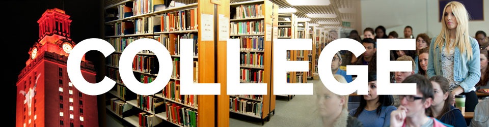 UT Austin tower, library bookshelves, college students in class