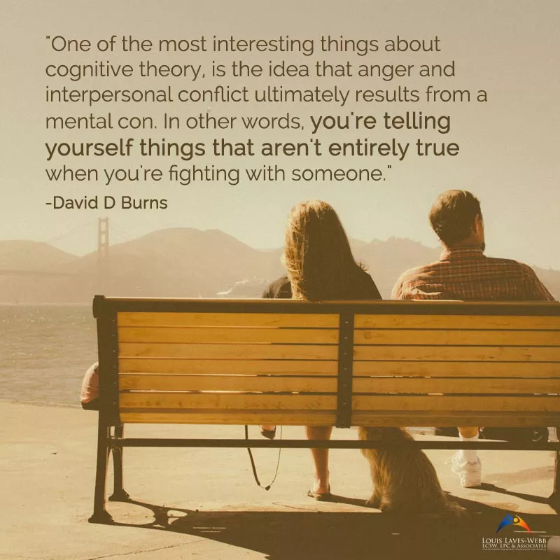 Couple on bench with quote about cognitive theory by David D. Burns.